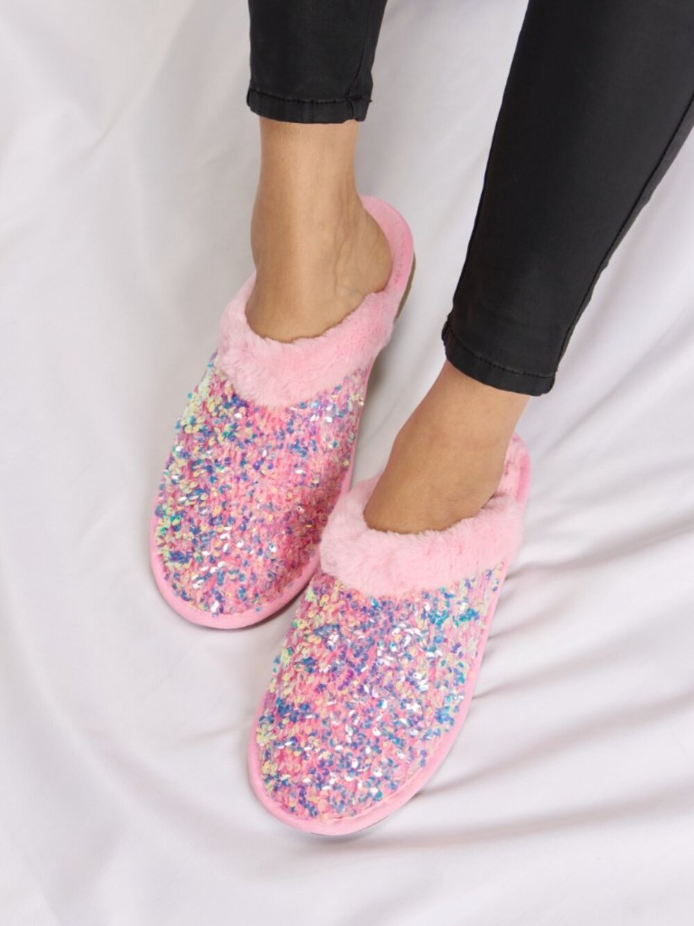 Pink Iridescent Sequin Slippers | Plush Open-Back Slides